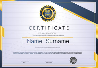 Obraz premium Qualification Certificate of appreciation design. Luxury vip and modern Certificate pattern, best quality award medal template, gold tapes, shapes, set of 6 medals types. Vector illustration. EPS 10.