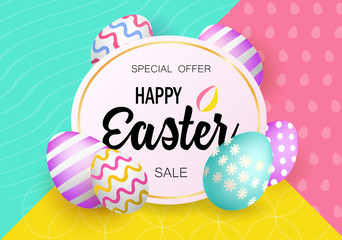 Easter eggs sale banner isolated on colorful background. Modern style template Happy Easter inscription with confetti. Shiny holiday design can be used on banners, flyers, web. Vector illustration. 