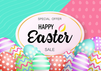 Easter eggs sale banner isolated on colorful background. Modern style template Happy Easter inscription with confetti. Shiny holiday design can be used on banners, flyers, web. Vector illustration. 
