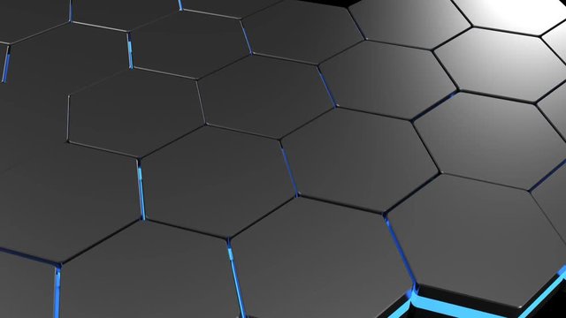 Hexagonal technological texture with blue lights - 3D rendering