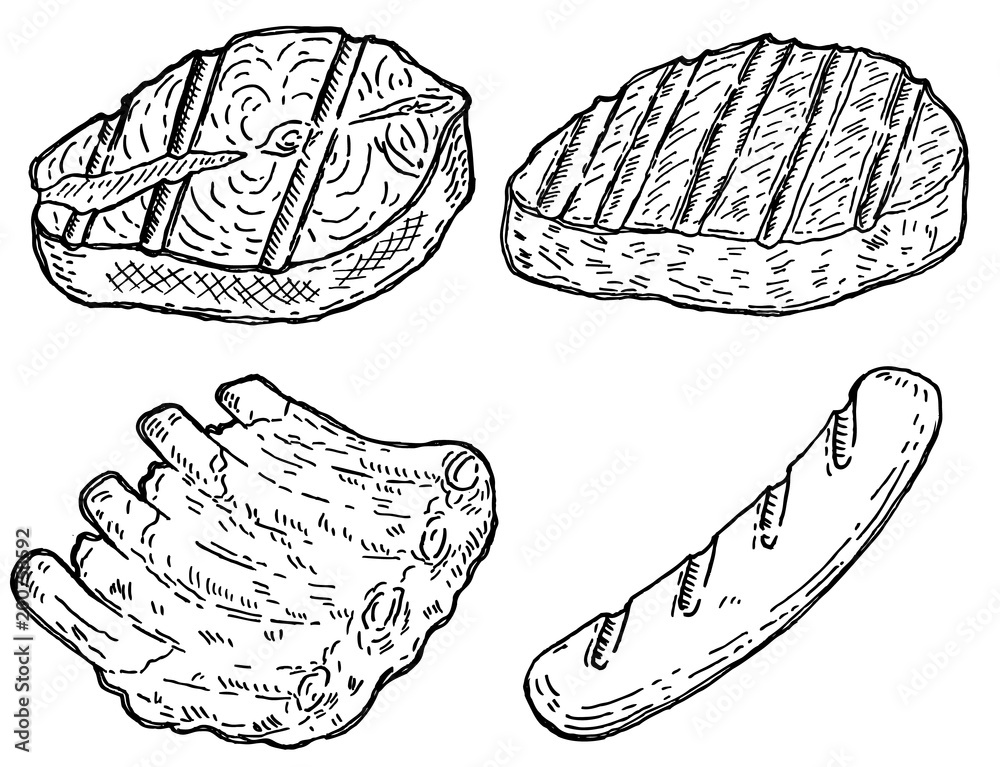 Wall mural set of hand drawn grilled meat. grilled salmon, roasted steak, sausage, roasted ribs. design element