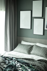 Cozy Bedroom corner with empty whie background frame 