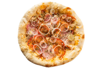 Small size pizza with cheese side, ham, tomato and onion
