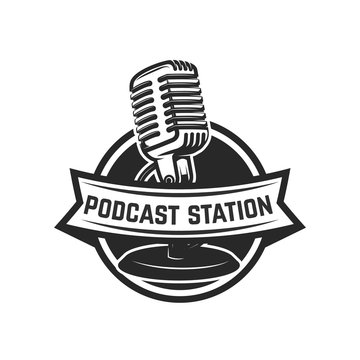 Podcast station. Emblem template with retro microphone. Design element for logo, label, emblem, sign.