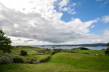 Fototapeta na wymiar grüne Weidefelder und Wiesen mit Blick auf den Lough Corrib in Irland