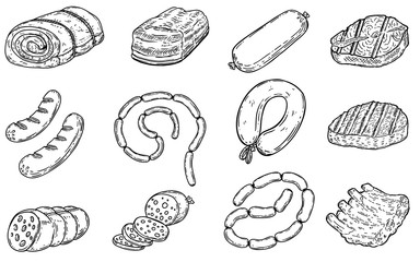 Set of hand drawn meat products illustrations.Sausages, bacon, lard, salmon, salami, steak, ribs. Design elements for poster, menu, flyer.