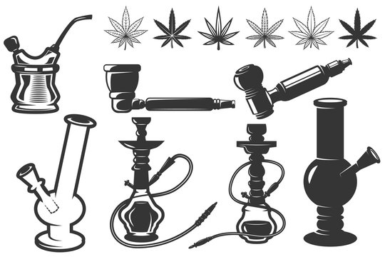Set of cannabis leafs, bongs, hookahs icons. Cannabis, marijuana. Design elements for logo, label, emblem, sign.