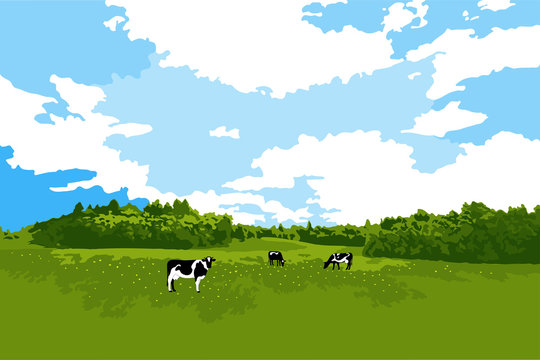 Cows grazing on meadow, cow silhouette in field eating grass. Vector landscape of cows on pasture for farm store or market. Milk, dairy, farm product design element.