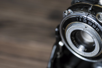 Vintage camera lens close-up. Macro, selective focus