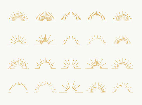 Sunburst set gold style isolated on white background for logo, tag, stamp, t shirt, banner, emblem. Vector Illustration 10 eps