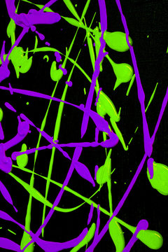 Paint Splats and Spots Neon Colours on Black Background Abstract Fun for Background