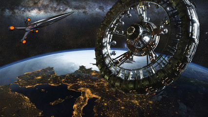 artificial gravity space station in orbit of planet Earth, spaceship over Europe (3d science fiction render)