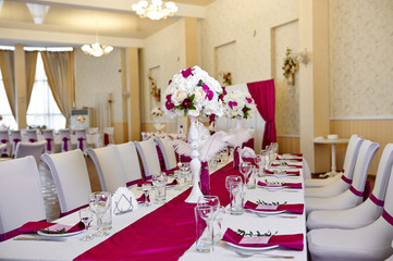 Table set for wedding or another catered event dinner.