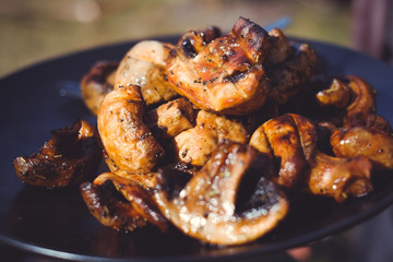Mushrooms of brown champignon poribello are cooked on the grill or barbecue, and small drops of water. Preparation of mushrooms on the grill of Portiballo pickled. Fried vegetables on a grill closeup.