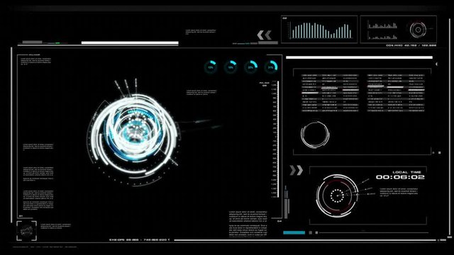 4K UI User Interface with HUD pi bar text box table black background for cyber technology and futuristic concept with grain processed