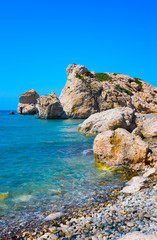Love beach. Aphrodite's Rock - Aphrodite's birthplace near Paphos City. The rock of the Greek (Petra tou Romiou). Cyprus island