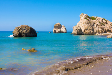 Love beach. Aphrodite's Rock - Aphrodite's birthplace near Paphos City. The rock of the Greek (Petra tou Romiou). Cyprus island