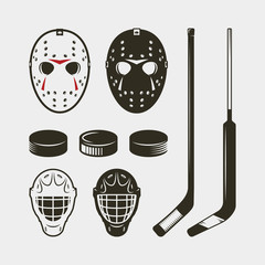set of hockey equipment and gear. helmet, mask and puck. vector illustration
