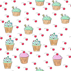 Cupcakes pattern illustration. Seamless print with pastry set. Vector bakery background.Hand draw style