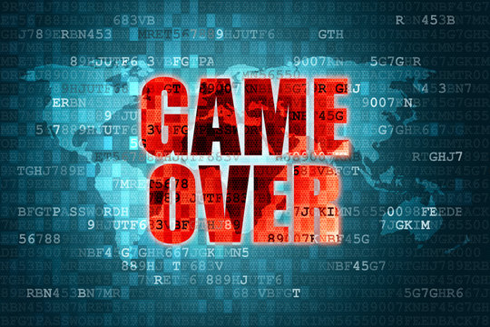 Illustration Of Pixel Red Game Over Screen On Blue Digital World Map Background