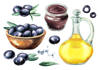 Black sweet olives products set, isolated on white background. Watercolor hand drawn illustration