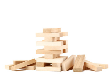 Wooden block tower game isolated on white background