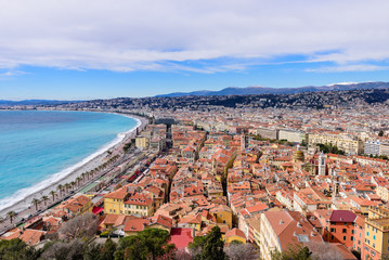 Fototapeta premium Cote d'Azur, France. Beautiful panoramic aerial view city of Nice, France. Luxury resort of French riviera. Front view of the Mediterranean sea, bay of Angels