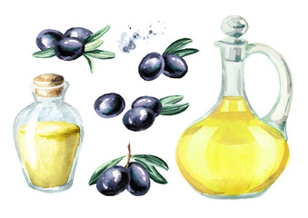Bottle with olive oil set. Watercolor hand drawn illustration, isolated on white background