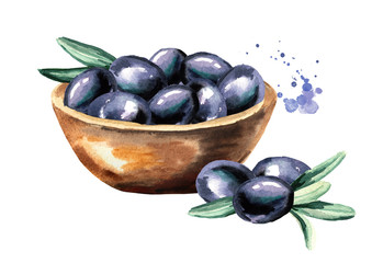 Bowl with ripe sweet black olives. Watercolor hand drawn illustration, isolated on white background