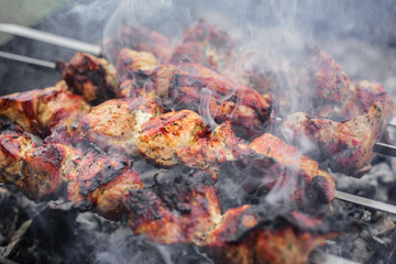 Barbecue or shish kebab is fried on the grill.