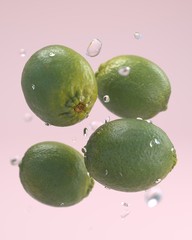 realistic 3d limes flying in water splash