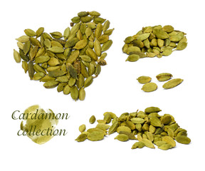 Collection of cardamom isolated on white background. Indian spices without background