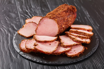 close-up of delicious sliced smoked ham