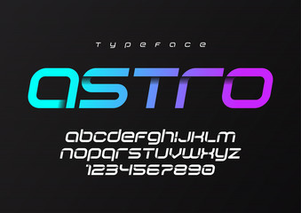 Astro futuristic minimalist display font design, alphabet, typeface, letters and numbers, typography. - obrazy, fototapety, plakaty