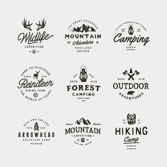 Fototapeta premium set of vintage wilderness logos. hand drawn retro styled outdoor adventure emblems. vector illustration