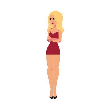 Contempt expression and negative feeling on face of young beautiful slim blond woman standing with crossed hands isolated on white background. Cartoon character vector illustration.