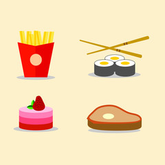 food icons vector, sushi, french fries, meat, dessert, illustration icon