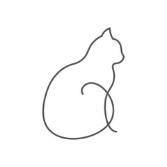Cat continuous line drawing - cute pet sits with twisted tail side view isolated on white background.