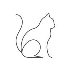 Cat continuous line drawing - cute pet sits with raised tail side view isolated on white background.