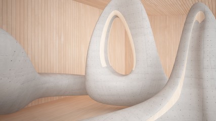 Empty dark abstract concrete and wood smooth interior. Architectural background. 3D illustration and rendering