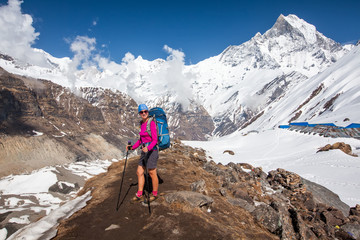 Trekker on the way to Annapurna base camp, Nepal