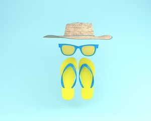 Summer times of fashion accessories stylish on blue pastel background. minimal concept. During the holiday season