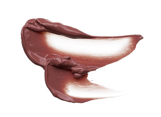 Texture of brown lipstick isolated on white. Smear of broken brown lip gloss