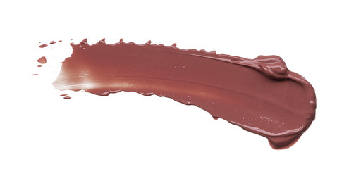 Texture of brown lipstick isolated on white. Smear of broken brown lip gloss