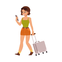Young woman in summer clothing with silver travel suitcase, plastic bag holding smartphone looking at screen smiling. Happy female character, traveller, tourist going to vacation. Vector illustration