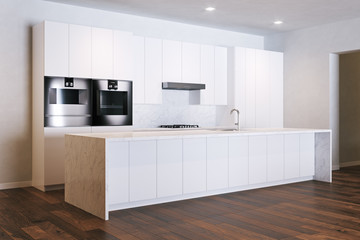 Minimalistic white kitchen in new room 3D render