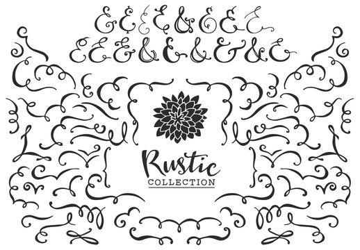 Rustic decorative curls, swirls and ampersands collection. Hand drawn vintage vector design elements.