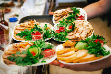 waiter carries a variety of appetizers with meat, vegetables and sauce