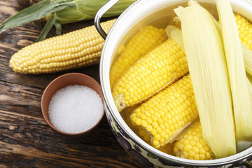 cooked corn cobs in a pot, top view