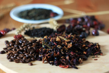 Coffee beans and herbal tea